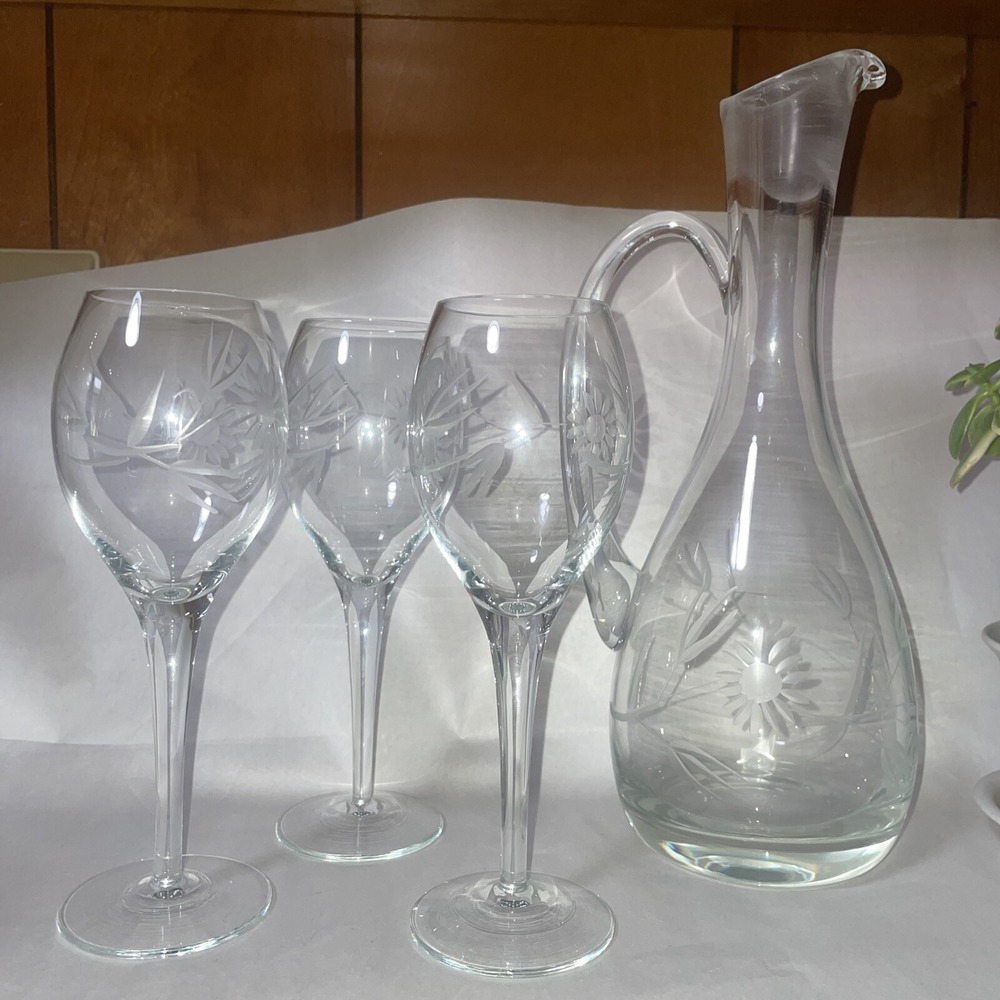 Etched Crystal Glass‎ Decanter And Three Stem Glasses